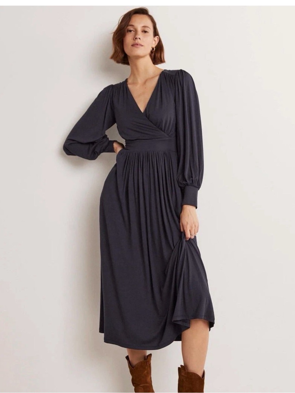 Boden Women’s Size 4R Fixed Wrap Jersey Midi Dress Navy Blue Long Sleeve